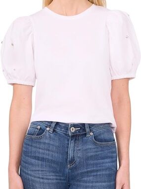 CeCe Rhinestone Embellished Puff Sleeve Knit Top White - XL